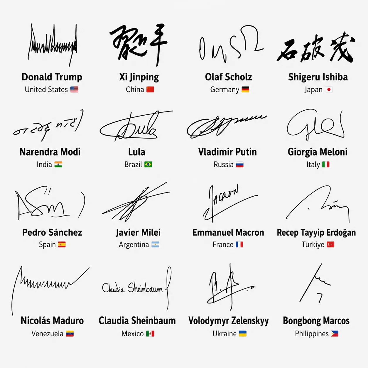 A grid of 16 world leaders' signatures — Donald Trump, Xi Jinping, Olaf Scholz, Shigeru Ishiba, Narendra Modi, Lula, Vladimir Putin, Giorgia Meloni, Pedro Sánchez, Javier Milei, Emmanuel Macron, Recep Tayyip Erdoğan, Nicolás Maduro, Claudia Sheinbaum, Volodymyr Zelenskyy and Bongbong Marcos — showing how each leader's signature reveals a different personality and energy